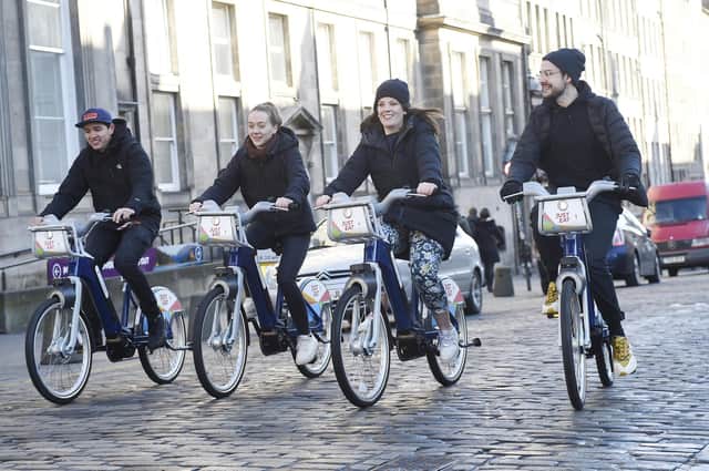 Pic - Greg Macvean - 02/03/2020 - 07971 826 457 - Weber Shandwick
Edinburgh's new fleet of 163 rentable e-bikes are officially launched at the City Chambers and integrated into the existing cycle hire scheme - Just Eat Cycles