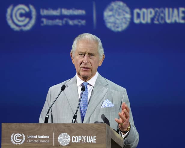 King Charles III makes his opening address at the World Climate Action Summit at Cop28 in Dubai, calling on world leaders and climate delegates for "transform-ational action" to combat climate change. Picture: Chris Jackson/PA Wire