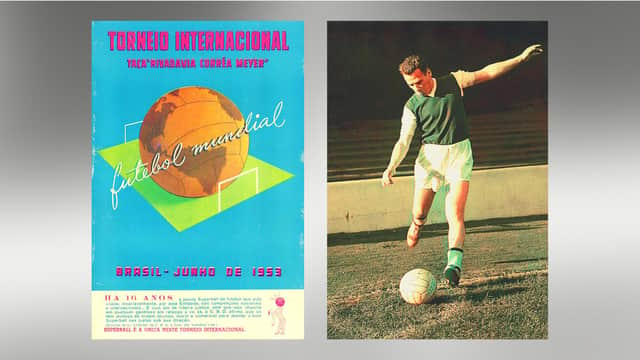 The tournament programme, left, and a colourised image of Lawrie Reilly, who scored three goals at the tournament