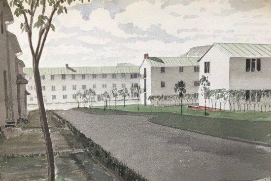 Preparation works for the new development began in the autumn of 1946 and construction of the houses started in the summer of 1949, with the first homes completed during 1951.  This is an illustration, perhaps by the architect himself, of the flats planned for Hazelwood Grove.