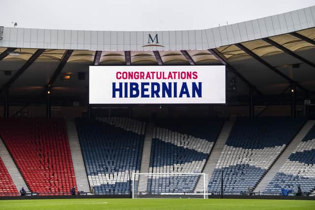 Hampden congratulates Hibs on the big screens after the Scottish Cup semi-final. (Photo by Ross Parker / SNS Group)
