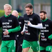 Hibs' Josh Doig and Jamie Gullan (right) during training. Photo by Paul Devlin / SNS Group