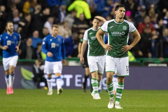 Dejection for the Hibs players as they suffer a 2-1 defeat at home