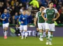 Dejection for the Hibs players as they suffer a 2-1 defeat at home