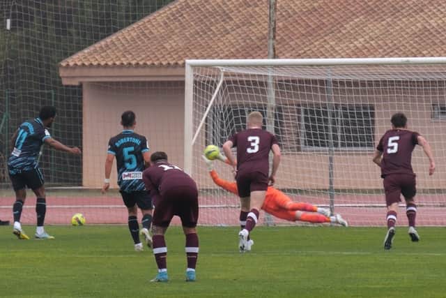Ross Stewart saves a penalty against Almeria in Hearts' winter friendly match which was ultimately abandoned after a fight broke out. Picture: Hearts FC