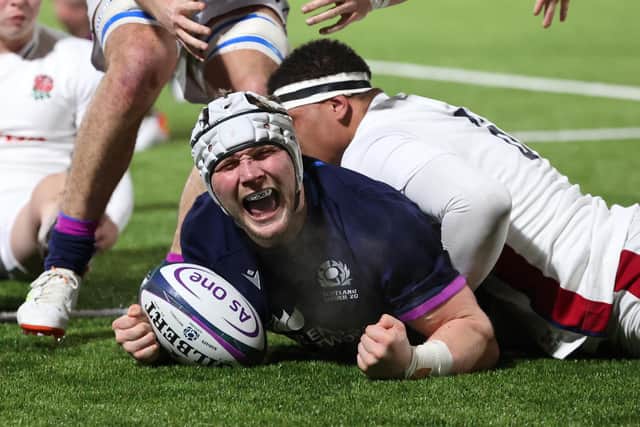Ollie Leatherbarrow and Scotland scores a try during the Under 20s Six Nations match at The Dam Health Stadium, Edinburgh.