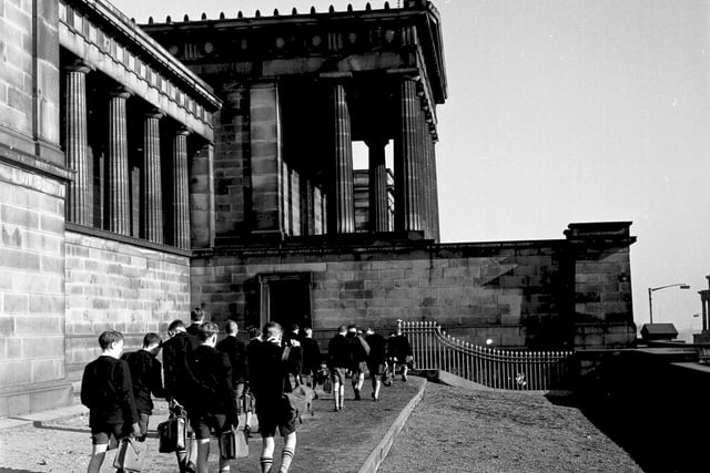 Boys walk towards classical Greek part of Royal High School in March 1963.