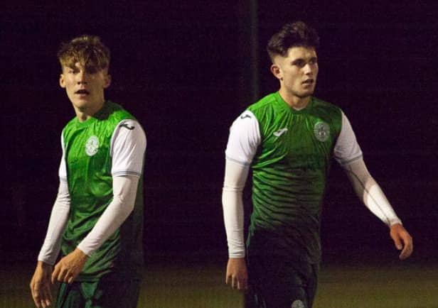 Josh O'Connor, left, and Connor Young scored five of Hibs' six goals with Young grabbing a hat-trick
