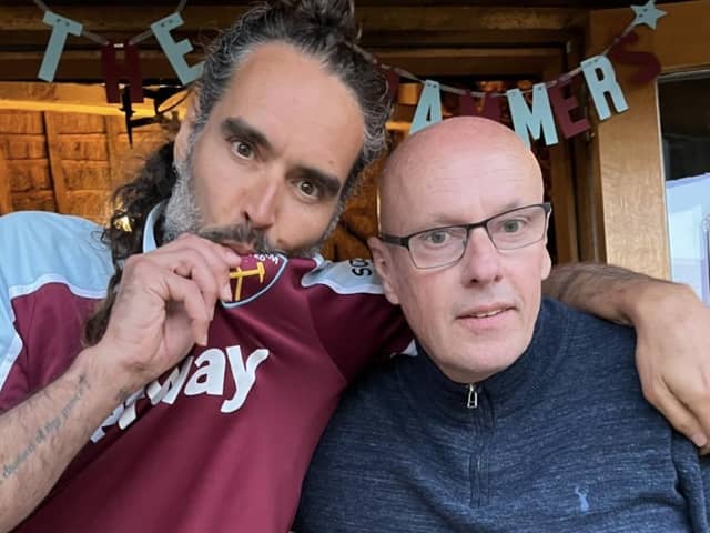 Russell Brand, left, with Hibs director of football Brian McDermott