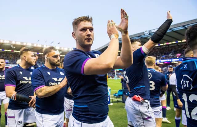 Jamie Hodgson celebrates Scotland's 15-13 win over Australia in the Autumn Nations Series at BT Murrayfield. (Photo by Ross Parker / SNS Group)