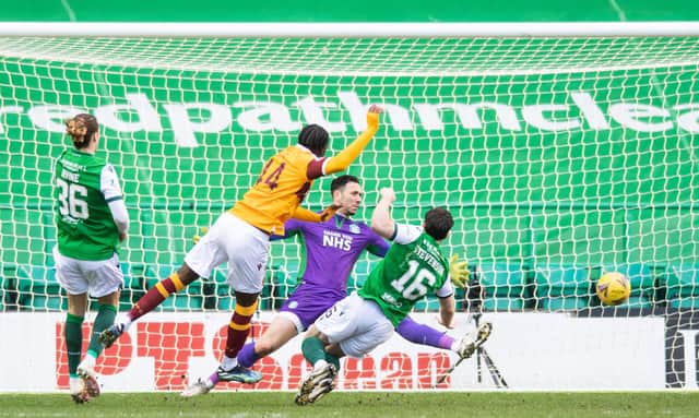 Devante Cole scores Motherwell's second during the 2-0 win over Hibs at Easter Road (Photo by Mark Scates / SNS Group)