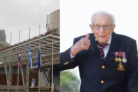 Scottish Parliament fly their flags at half mast to pay tribute to Captain Tom (Photo: Lisa Ferguson).