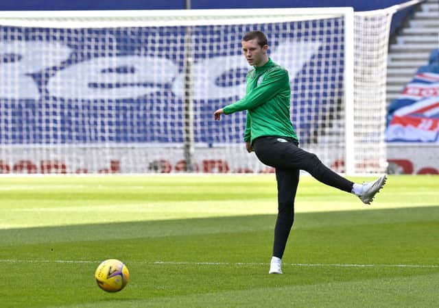 Hibs youngster Ethan Laidlaw warming up before a match at Ibrox last month. Picture: SNS
