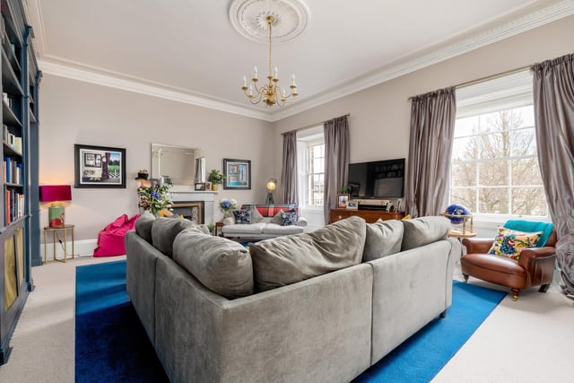 The elegant sitting room with a westerly aspect overlooking the feu gardens.