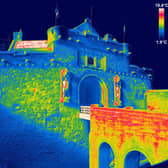 A thermal image of the entrance to Edinburgh Castle. The landmark has the same level of carbon dioxide emissions as 348 UK homes. PIC: HES.