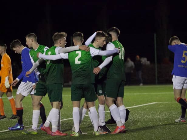 Hibs Under-18s celebrate a goal against Rangers during a league match. Picture: Maurice Dougan
