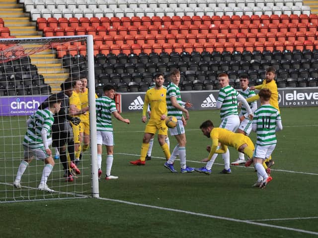 Bonnyrigg defender Neil Martynuik throws himself at the ball to score the winner with a diving header, his first league goal of the campaign. Picture: Joe Gilhooley LRPS