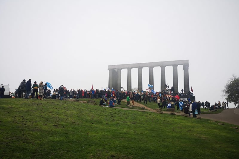 The scene at Calton Hill as hundreds gathered to protest the Coronation of King Charles III.