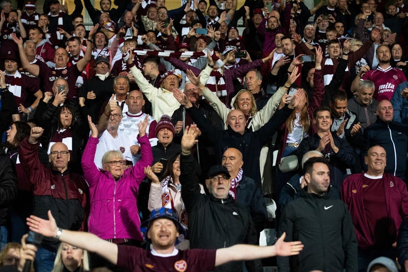 Hearts fans celebrate the UEFA Europa Conference League group stage win away to RFS at the Skonto Stadion