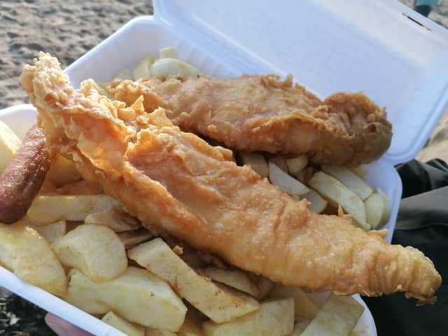 Delicious fish and chips on the beach from The Famous Fish Pan.