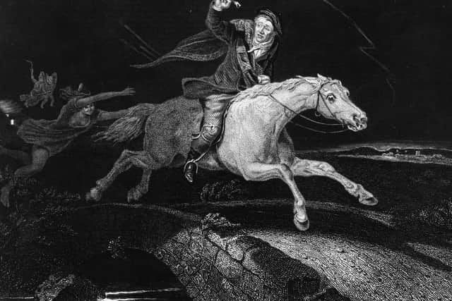 Tam O'Shanter fleeing on horseback from the 'hellish legion', an episode from a verse-narrative by Robert Burns. Original Artwork: Artist - Abraham Cooper RA   (Photo by Hulton Archive/Getty Images)
