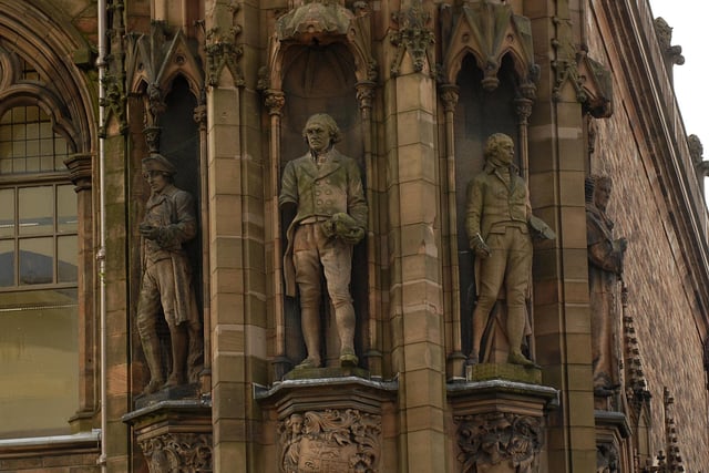 A total of 30 historical figures decorate the outside of the neo-Gothic Scottish National Portrait Gallery on the corner of Queen Street and North St Andrew Street, which was  designed by Robert Rowand Anderson.  The historical figures are joined by a statue of Clio, the muse of history, by contemporary Scottish sculptor Alexander Stoddart, which stands at the top of the building above the entrance.
