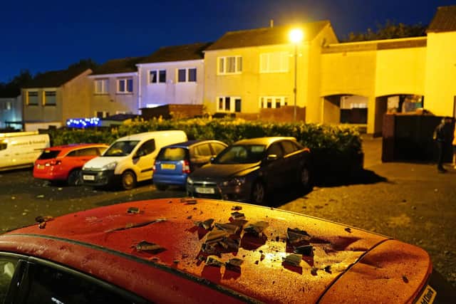Debris at Primrose Park, Ayr, as three people have been taken to hospital following a large explosion at a house in Gorse Park, Ayr. An air ambulance was called out as part of the response to the incident (Photo: Jane Barlow/PA Wire).