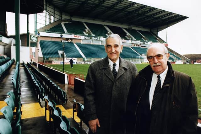 Hibs chairman Douglas Cromb with board member Tom O'Malley in front of the newly completed North Stand in 1997