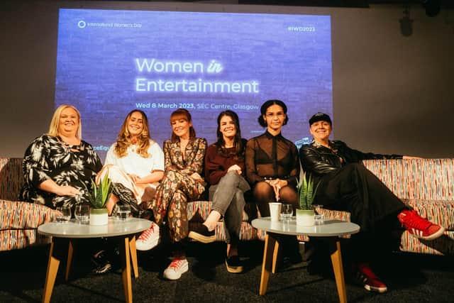Karen Dunbar (far right) was speaking at a “Women in Entertainment” event in Glasgow, along with the SEC’s head of ticketing Julie Carson,  Gogglebox star Roisin Kelly, STV presenter Laura Boyd, DF Concerts project and event manager Katt Lingard and DJ and producer Taahliah..
Picture: Michael Hunter