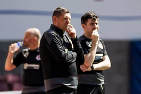Bonnyrigg Rose manager Robbie Horn and assistant David Burrell have some thinking to do at Tynecastle Park in the 5-0 friendly defeat by Hearts. Picture: Roddy Scott / SNS
