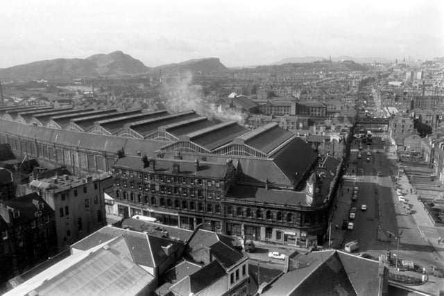 Overview of the Central Station site at Leith in May 1972, looking up Leith Walk, with the now demolished rail bridge a hundred yards or so up the road visible.