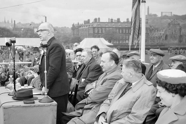 Scottish miners' leader Abe Moffat speaks at a miners' May Day Rally in Edinburgh's Holyrood Park.