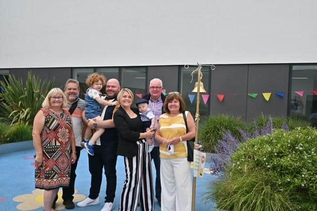 Joey Sharp and his closest relatives outside Edinburgh's new sick kids hospital.