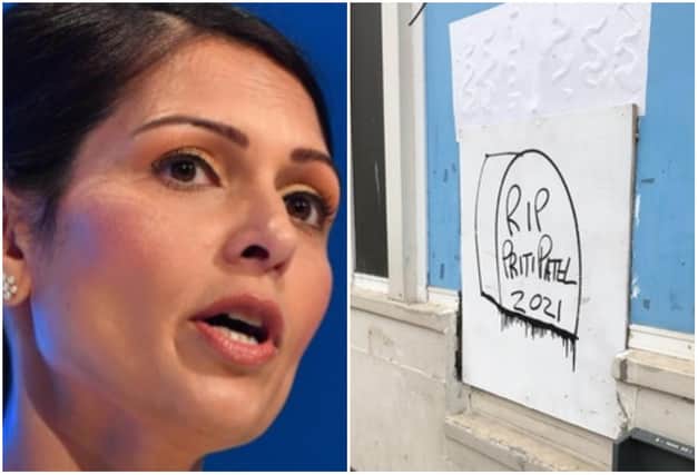 The graffiti, scribbled on the walls of the old TSB bank on Portobello High Street, shows a tombstone emblazoned with the words ‘RIP Priti Patel 2021’.