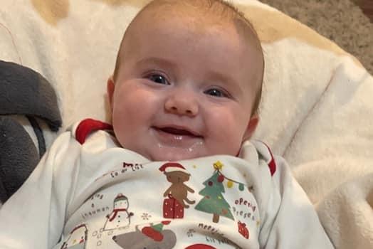 Three month old Meadow in Christmas pyjamas. Submitted by Tamay Mal.