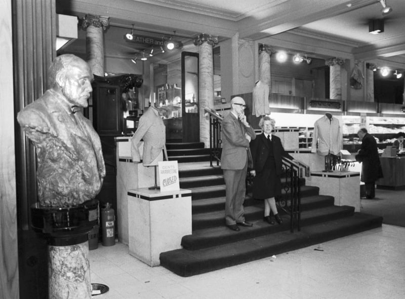 Staff at the Princes Street RW Forsyth, one of Edinburgh's most famous department stores, before it closed in October 1981. To the left is a bust of the company's founder.