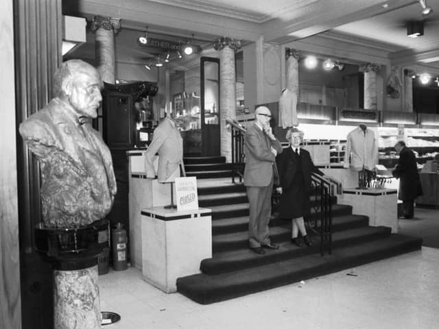 Staff at the Princes Street RW Forsyth, one of Edinburgh's most famous department stores, before it closed in October 1981. To the left is a bust of the company's founder.