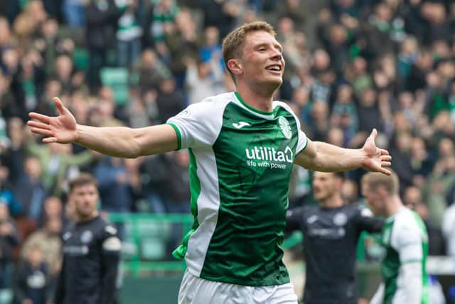 Will Fish celebrates a goal for Hibs against St Mirren. The defender is due to return to Easter Road on a second season-long loan deal. Picture: Ross Parker/SNS Group