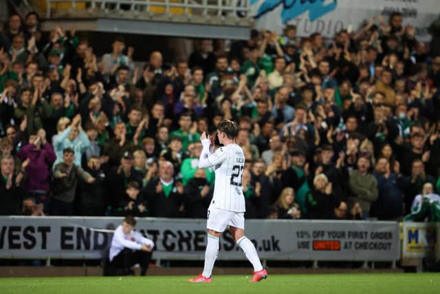 Scott Allan applauds the Hibs fans as he is substituted in the second half of the 3-1 League Cup win against Dundee United