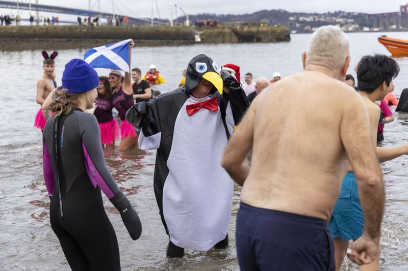 One participant kept warm in a penguin costume
