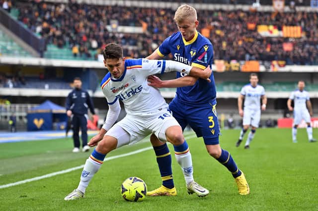 Hellas Verona's Josh Doig pressures Joan Gonzales of Lecce during the Serie A clash between the two teams last weekend