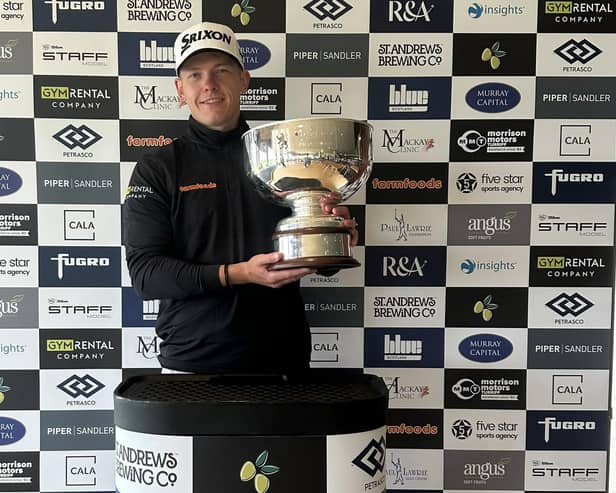 Kieran Cantley shows off the trophy after his two-shot success in the Porthlethen Classic, the fourth event of the season on Tartan Pro Tour. Picture: Tartan Pro Tour