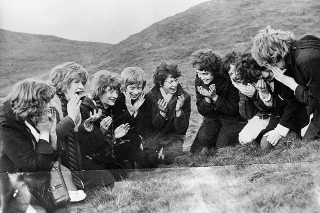 Girls from Liberton High School wash their faces in the dew on Arthur's Seat:  Left to right - Alison Kerr, Carole Macdonald, Maureen Robertson, Janis Williams, Catherine Clelland, Alison Sylvester and Anne Johnston.