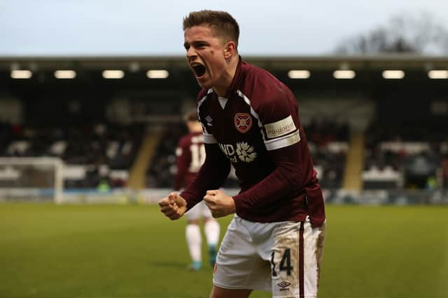 Cammy Devlin celebrating after scoring his first Hearts goal on Saturday.