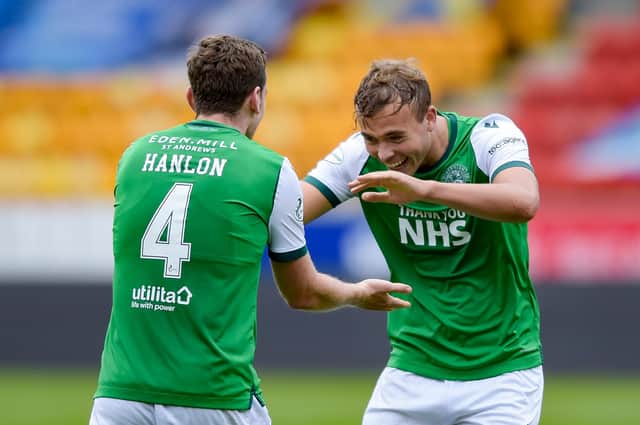 Paul Hanlon and Ryan Porteous celebrate the 1-0 win over St Johnstone.