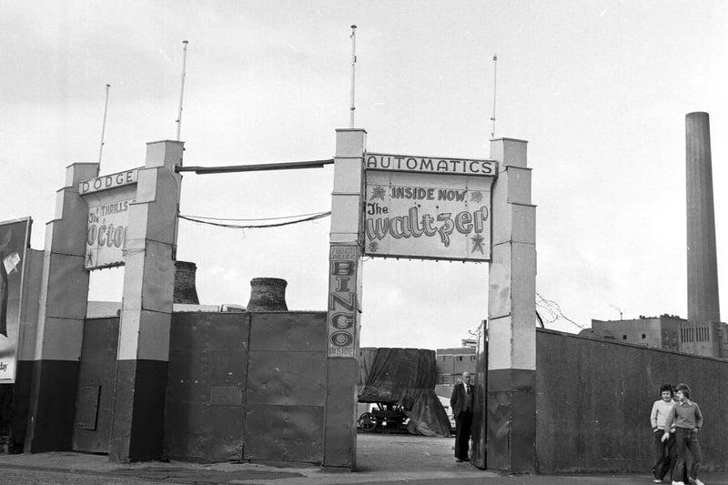 The gate to Fun City, slot machine arcade and amusement park on Portobello promenade, September 1974. Portobello power station can be seen to the left of picture.