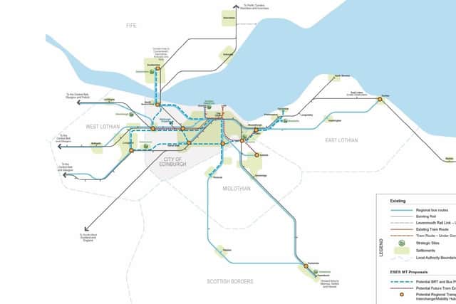 Dotted blue lines show potential bus rapid transit routes in Edinburgh and dotted red lines possible tram line extensions. Picture: Transport Scotland
