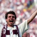 Stephane Adam celebrates Hearts' Scottish Cup final win over Rangers in 1998.