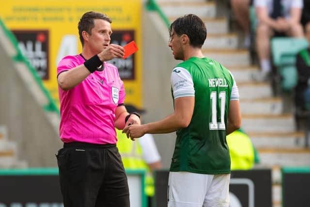 Hibs midfielder Joe Newell is sent off during the Conference League qualifier against Santa Coloma at Easter Road. Photo by Ross Parker / SNS Group