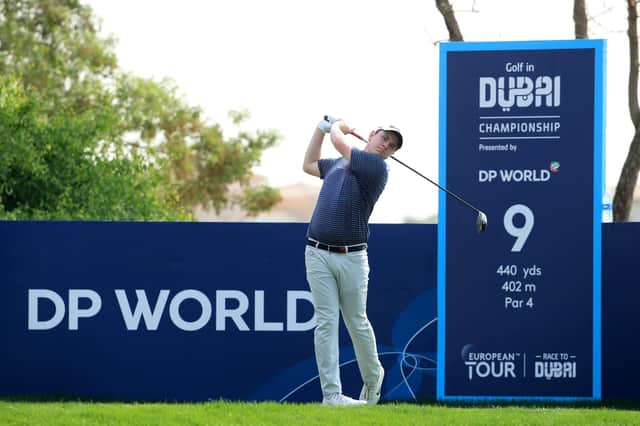 Bob MacIntyre of Scotland plays his shot off the 9th tee during day three of the Golf in Dubai Championship at Jumeirah Golf Estates. Piture: Andrew Redington/Getty Images
